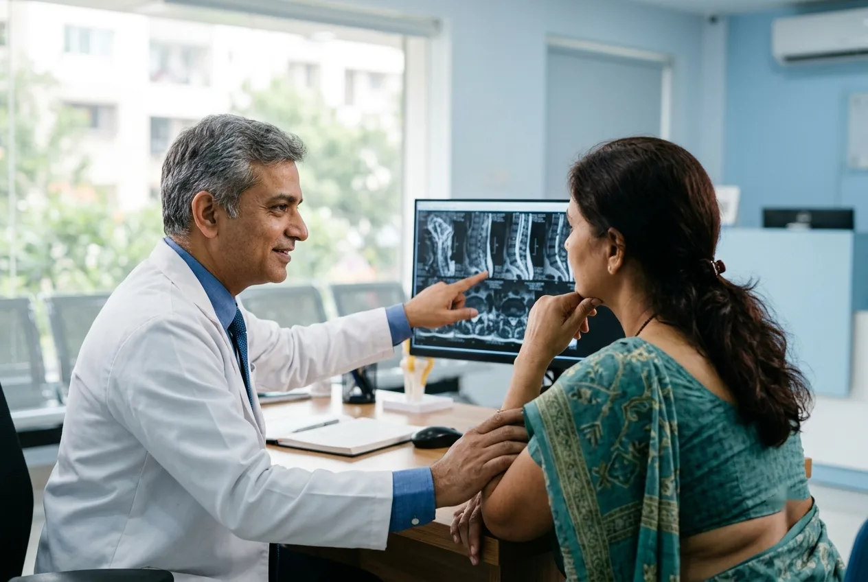 Orthopedic doctor reviewing a spine MRI with a patient for a second opinion